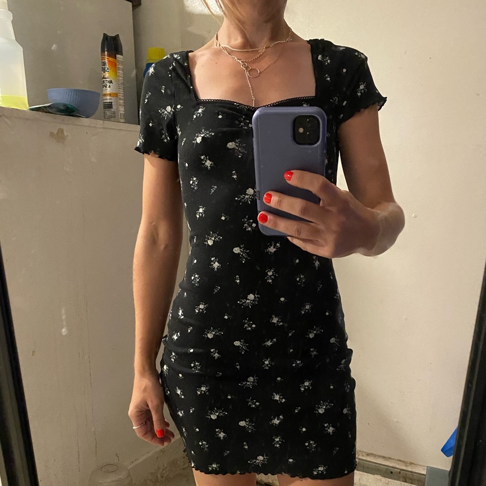 H&M babydoll dress size S black with blue flowers